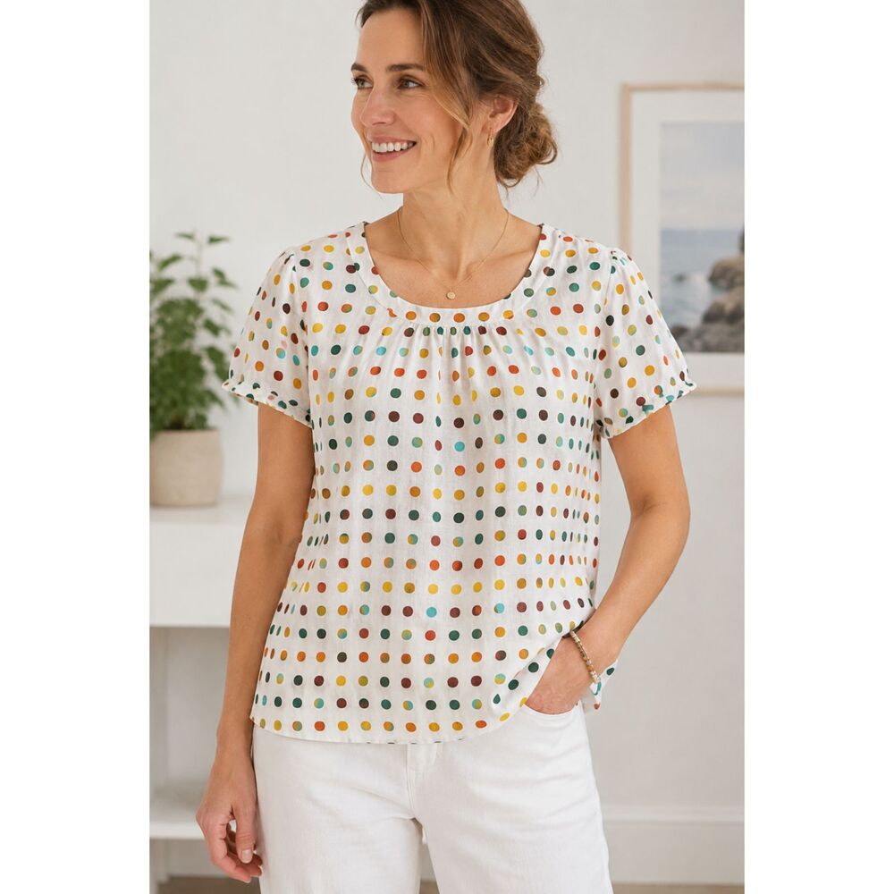 Boden Linen Polka Dot Top Size 12 Multicolor Short Sleeve Blouse